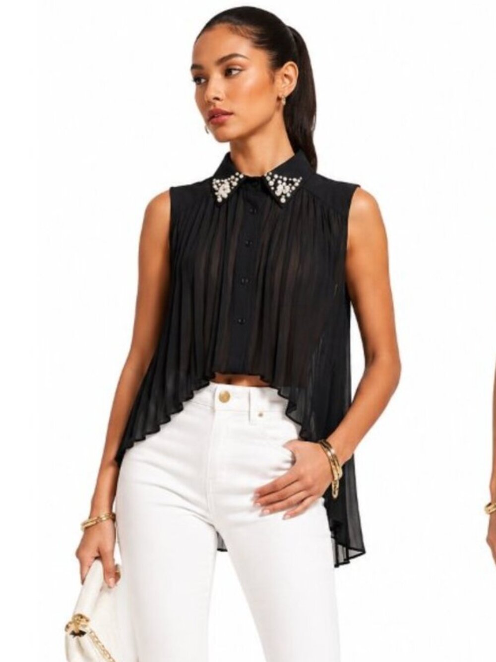 💥GORGE💥Chiffon Pleated Top w/ Embellished Collar